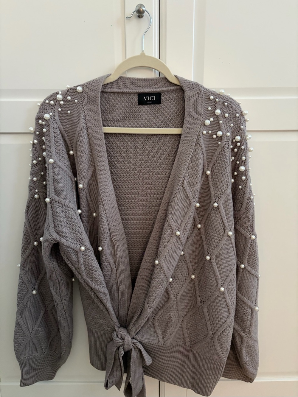 VICI Taupe Pearl-Studded Cable Knit Tie-Front Cardigan